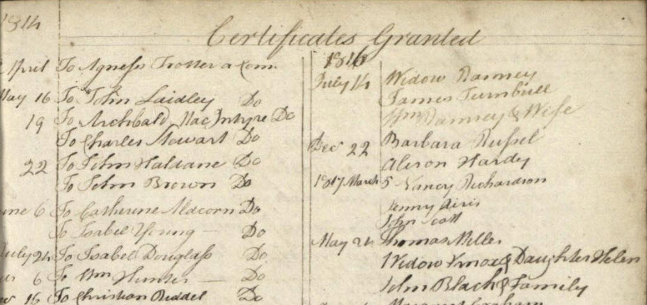 Picture  Extract from Sprouston Kirk Session Minutes showing the folk who left the parish in 1816 Certificates Granted 1816. Reproduced courtesy of National Records of Scotland: Scotland’s People, Sprouston kirk session, Certificates of transference (1812 – 1845) CH2/334/13. 