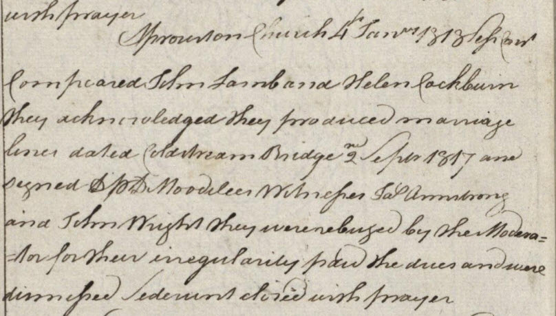 Picture Extract from Sprouston Kirk Session Minutes 1818. Reproduced courtesy of the National Records of Scotland: Scotland’s People, Scotland kirk session, Minutes (1817 – 1873), CH2/334/7, 1818, p.3