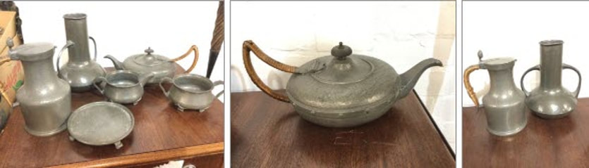 Picture Railtons Auctions Lot 51. Six pieces of art nouveau hand-beaten pewter - teapot, jugs, stand, sucre etc.
