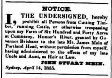 Picture Notice from the Sydney Herald in 1834 regarding the Estate of James Mein deceased