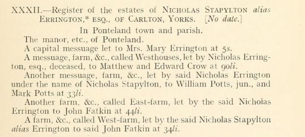 Picture  Extract from Register of Catholic Estates.  The Estate of Nicholas Stapleton alias Errington of Carlton, Yorks., showing Matthew and Edward Crow