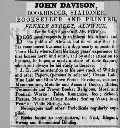 Picture John Davison, Printer in Alnwick opens shop in Fenkle Street in 1855