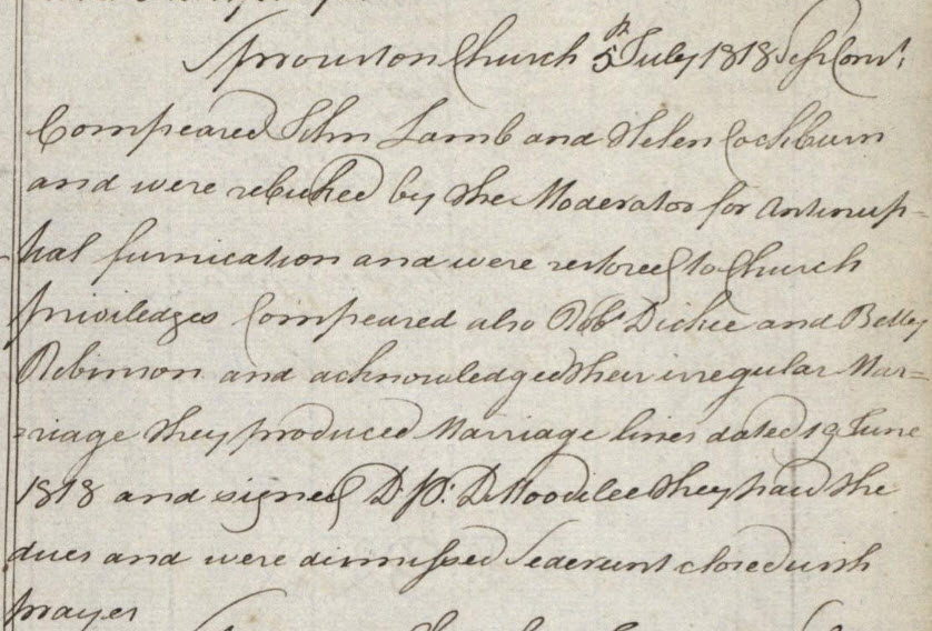 Picture Extract from Sprouston Kirk Session Minutes re John Lamb and Helen Cockburn 1818 Reproduced courtesy of the National Records of Scotland: Scotland’s People, Scotland kirk session, Minutes (1817 – 1873), CH2/334/7, 1818, p.4