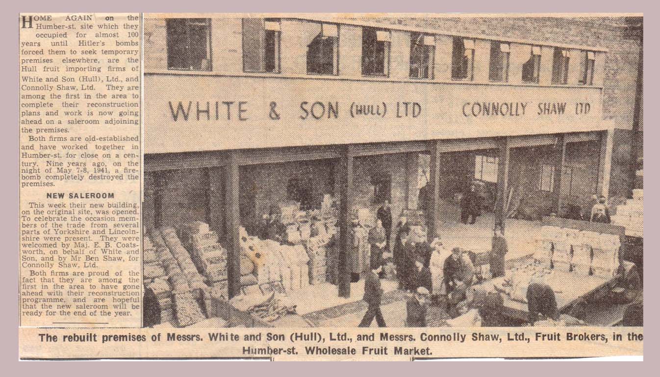 Picture Newspaper cutting showing Connolly Shaw Fruit Market rebuilt after WW2.  