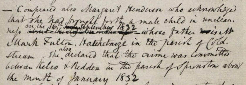 Picture Extract from Sprouston Kirk Session Minutes re Margaret Henderson's illegitimate son Reproduced courtesy of the National Records of Scotland: Scotland's People, Sprouston kirk session, Minutes (1817-1873), Accounts (1816-1857), CH2/334/7