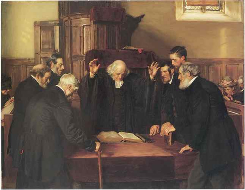 Picture Painting 'The Ordination of Elders in a Scottish Kirk' by John Henry Lorimer. Public domain, via Wikimedia Commons