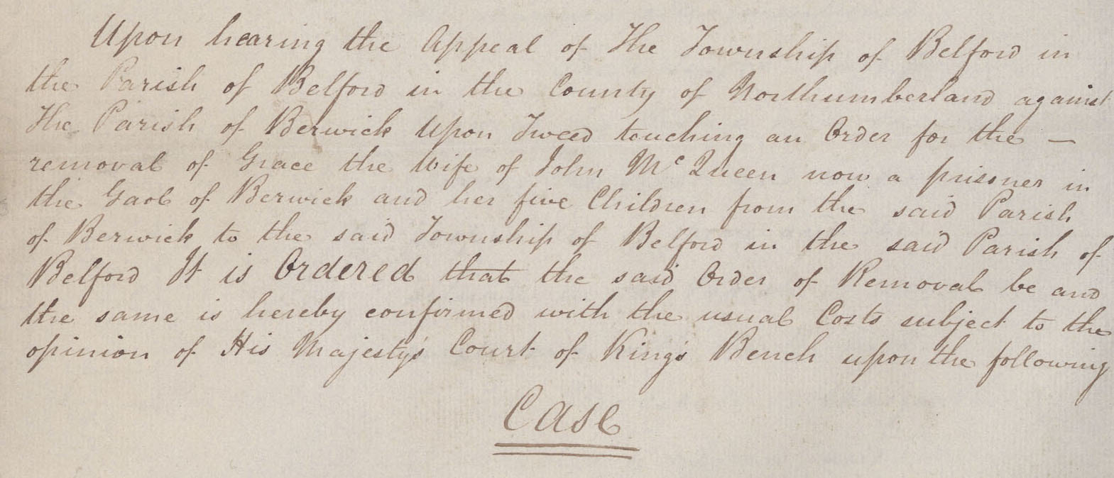 Picture  Reproduced courtesy of Berwick Record Office - an extract of an appeal for the 'Removal' of Grace McQueen in 1828