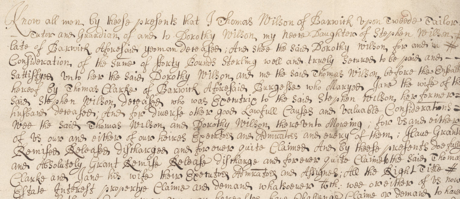 Picture Extract from an example of a Quitclaim  dated 2 July 1680.  Reproduced courtesy of Berwick Record Office ZMD72-2-3-11 