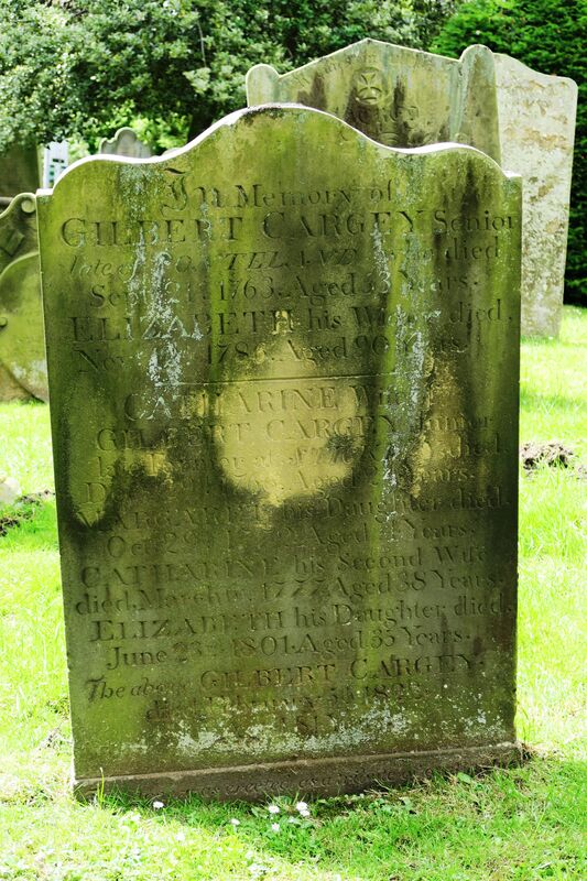 Picture  Photograph of Cargey Memorial Stone in Ponteland Churchyard. It reads: ​In Memory of Gilbert Cargey Senior late of Ponteland who died Sept. 21st 1763, Aged 53 Years. Elizabeth his Widow died November 12th 1786, Aged 90 Years. Catherine Wife of Gilbert Cargey Junior late Farmer at Stickley died December 17th 1766 Aged 24 Years. Margaret his Daughter died Oct 29th 1772 Aged 4 Years. Catherine his Second Wife died, March 6th 1777 Aged 38 years. Elizabeth his Daughter died June 23rd 1801 Aged 35 Years. The above Gilbert Cargey, January 5th 1823 [sic] Aged 81 Years.  Photograph courtesy of  'Find A Grave' UNCEM_2430157_336ac765-3e7e-423c-ae84-2d3b5b842207