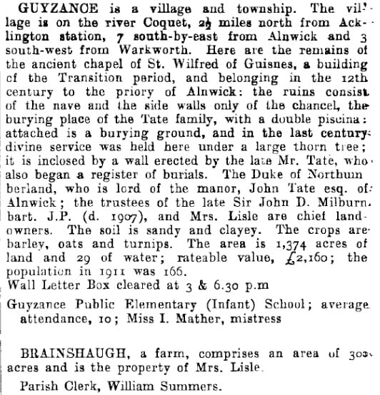 Picture  Extract from Kelly's Directory for Northumberland, 1914: Guyzance and Brainshaugh