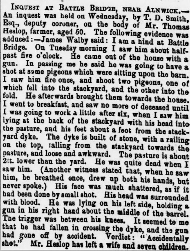 Picture Newspaper cutting re the death of Thomas Heslop of Battle Bridge