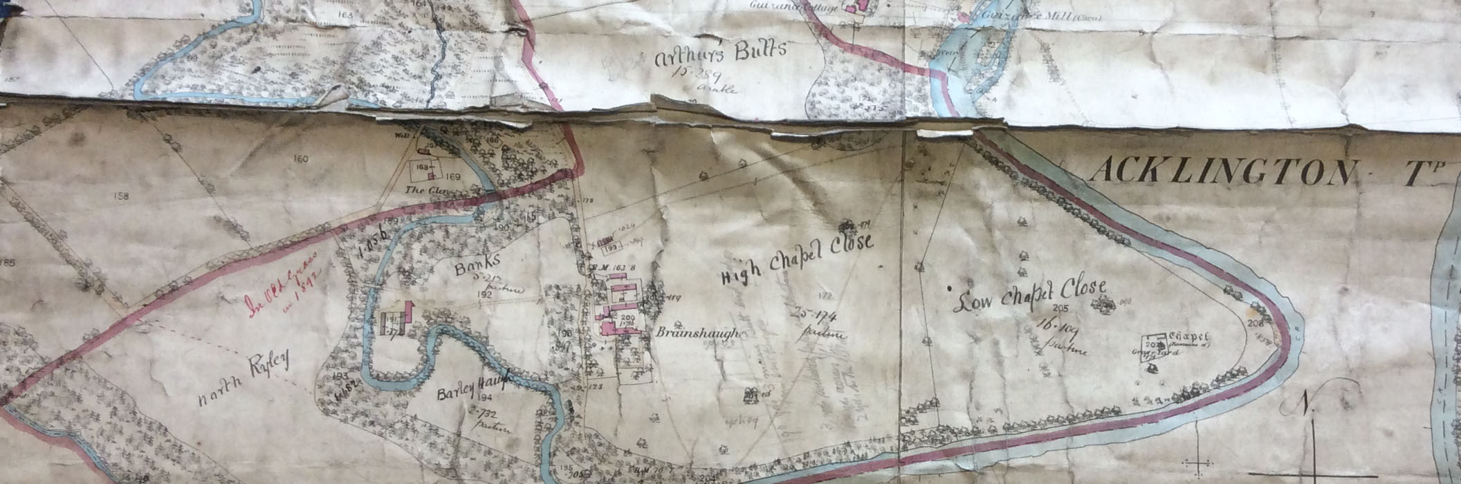 Picture Railtons Auctions Lot 160. A nineteenth century handcoloured map of  Guyzance showing Brainshaugh Farm & Chapel 