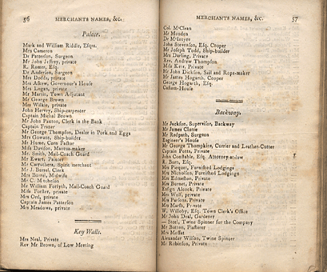 PicturePages from the Berwick upon Tweed Directory of 1806.  For Palace Street, Quay Walls and Backway