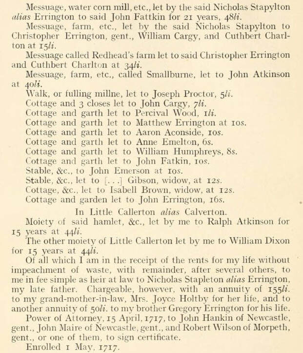 Picture  Page 26 from the Register of Catholic Estates for the tenants of Nicholas Stapelton alias Errington at Ponteland showing William and John Cargey.
