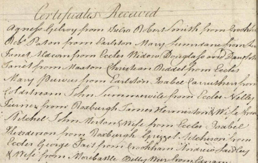 Picture Extract from Kirk Session Minutes 1815/16 listing people moving into the parish Certificates Received 1815/16. Reproduced courtesy of National Records of Scotland: Scotland’s People, Sprouston kirk session, Certificates of transference (1812 – 1845) CH2/334/13.