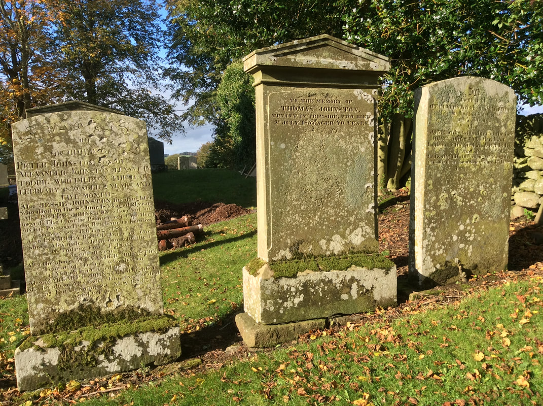 Picture Headstones in Gordon Kirkyard for the Johnston family of Rumbleton Law, Gordon.  Taken Oct 2019.  