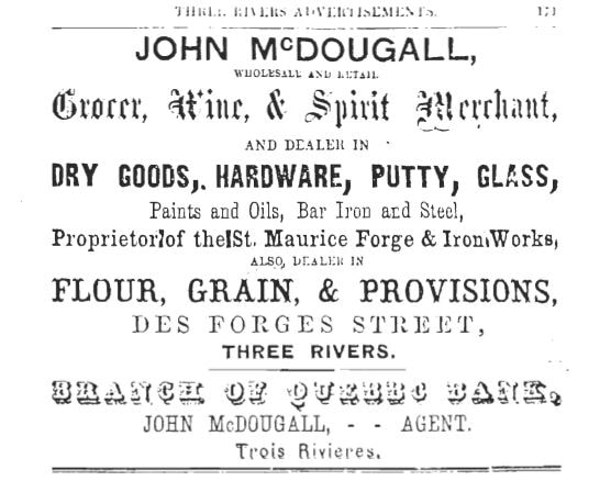 Picture  Advertisement for the McDougall family's General Store in Three Rivers, Quebec